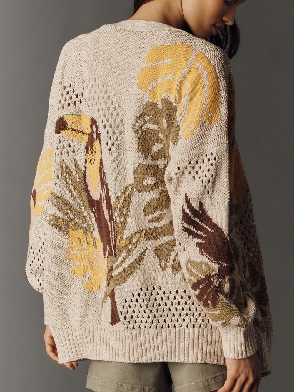 Anthropologie Toucan Cardigan Sweater Open Knit Long Sleeve New Large Tropical - Picture 1 of 15